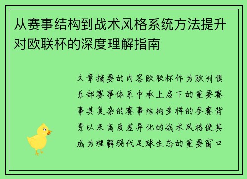 从赛事结构到战术风格系统方法提升对欧联杯的深度理解指南